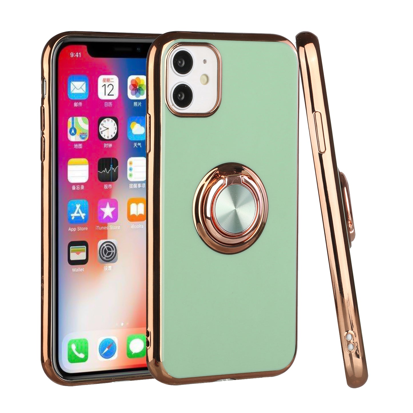 For Apple iPhone 13 Mini (5.4") Slim Hybrid Metal Finger Ring Stand Electroplated Edges TPU Frame Shock-Absorption Bumper  Phone Case Cover