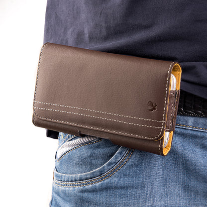 For Samsung Galaxy A23 5G Horizontal Universal Carry Pouch Cell Phone Case PU Leather Holster Belt Clip Loop Card Slot & Magnetic Closure [Brown]