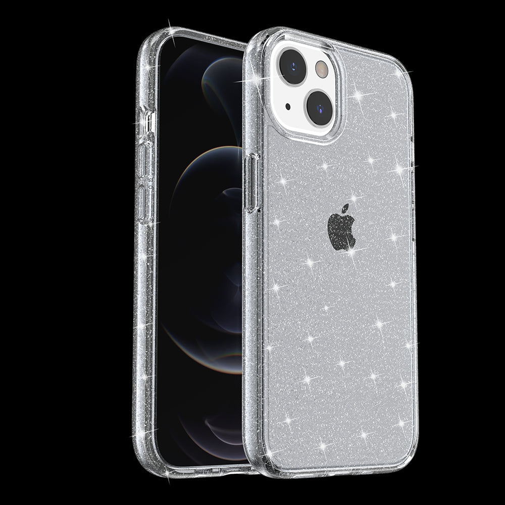 For Apple iPhone 14 Pro (6.1") Transparent Glitter Shiny Sparkle Bling TPU Rubber Hard Back Hybrid Frame Shockproof Gray Smoke Phone Case Cover