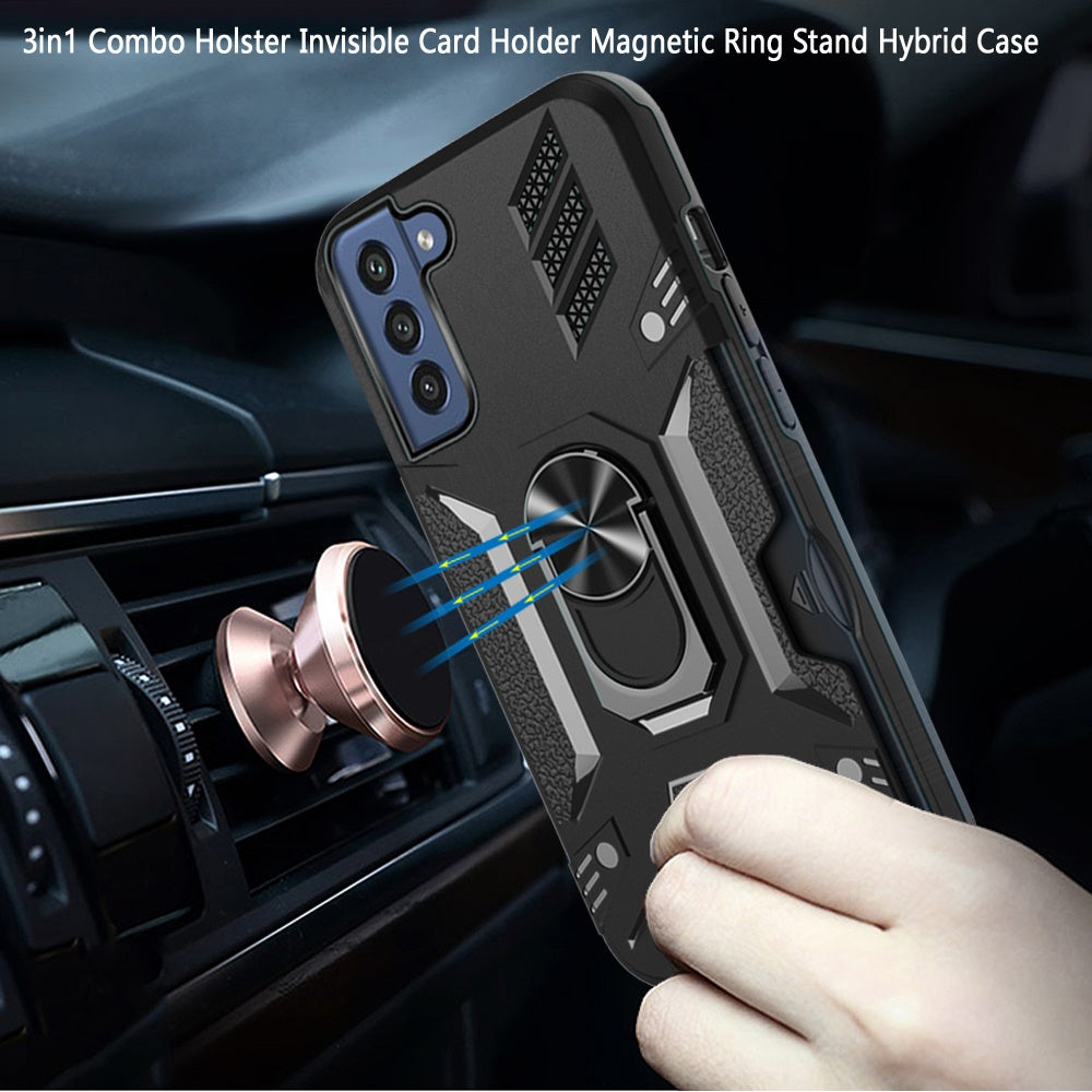 For Samsung Galaxy S22+ Plus Wallet Case with Invisible Credit Card Holder, 3 in 1 Combo Holster Clip and Ring Kickstand Black Phone Case Cover