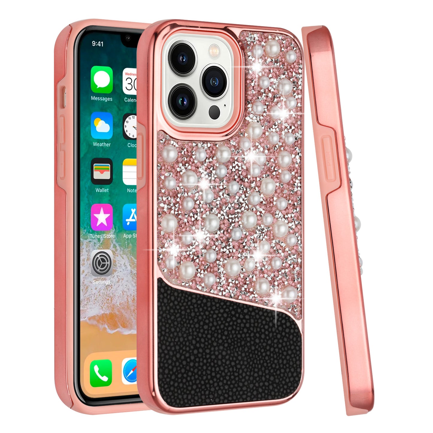 For Apple iPhone 14 Pro Max (6.7") Bling Pearl Diamonds Design Glitter Hybrid Thick Hard TPU Shiny Protective Frame  Phone Case Cover