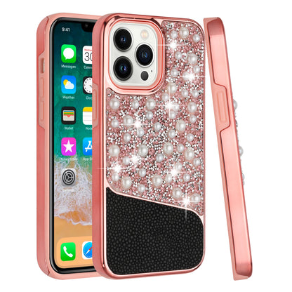 For Apple iPhone 14 Pro Max (6.7") Bling Pearl Diamonds Design Glitter Hybrid Thick Hard TPU Shiny Protective Frame  Phone Case Cover