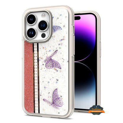 For Apple iPhone 14 /Plus Pro Max Butterflies Design Bling Glitter Shockproof Hybrid TPU Frame and Hard Back Slim  Phone Case Cover