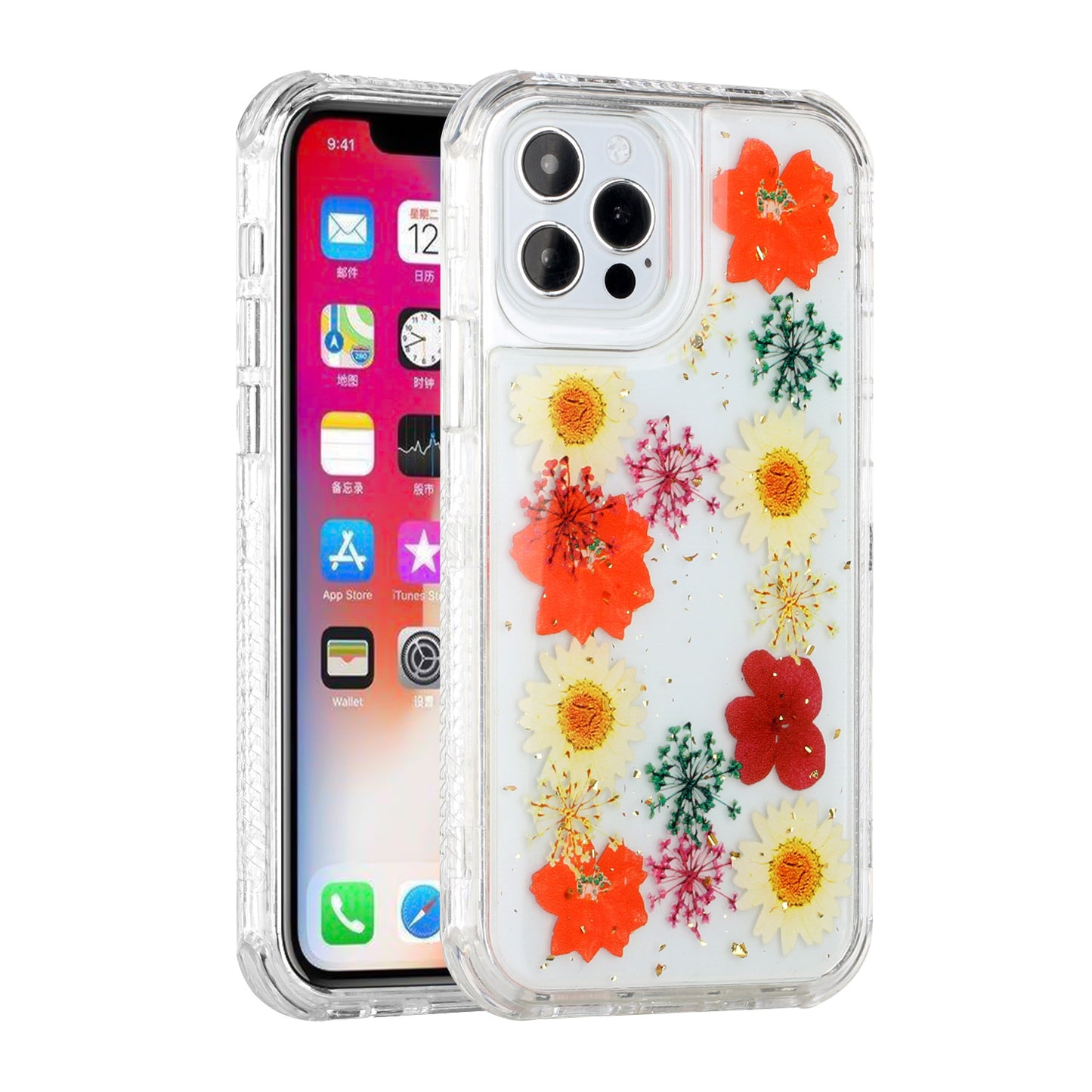 For Apple iPhone 14 Pro (6.1") Sparkle Glitter Floral Epoxy Design Shockproof Hybrid Fashion Bling Rubber TPU Hard  Phone Case Cover