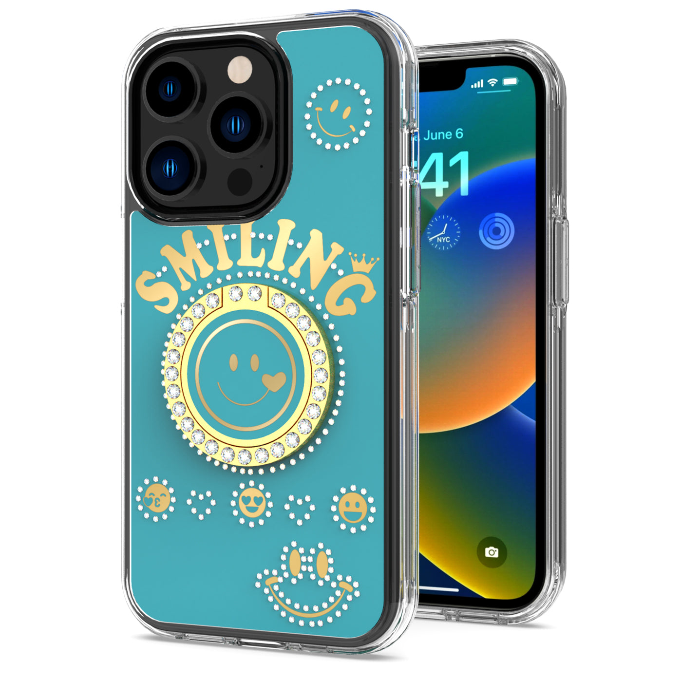 For Apple iPhone 12 Pro Max (6.7") Smiling Glitter Ornament Bling Sparkle with Ring Stand Hybrid TPU + Hard Back Shell  Phone Case Cover