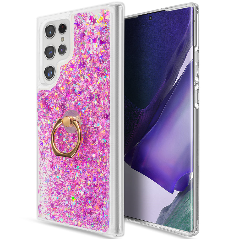 For Samsung Galaxy S22 /Plus Ultra Hybrid Glitter Luxury Bling Sparkling Liquid Quicksand Glittering Sparkle TPU Rubber PC with Ring Stand Holder Kickstand  Phone Case Cover
