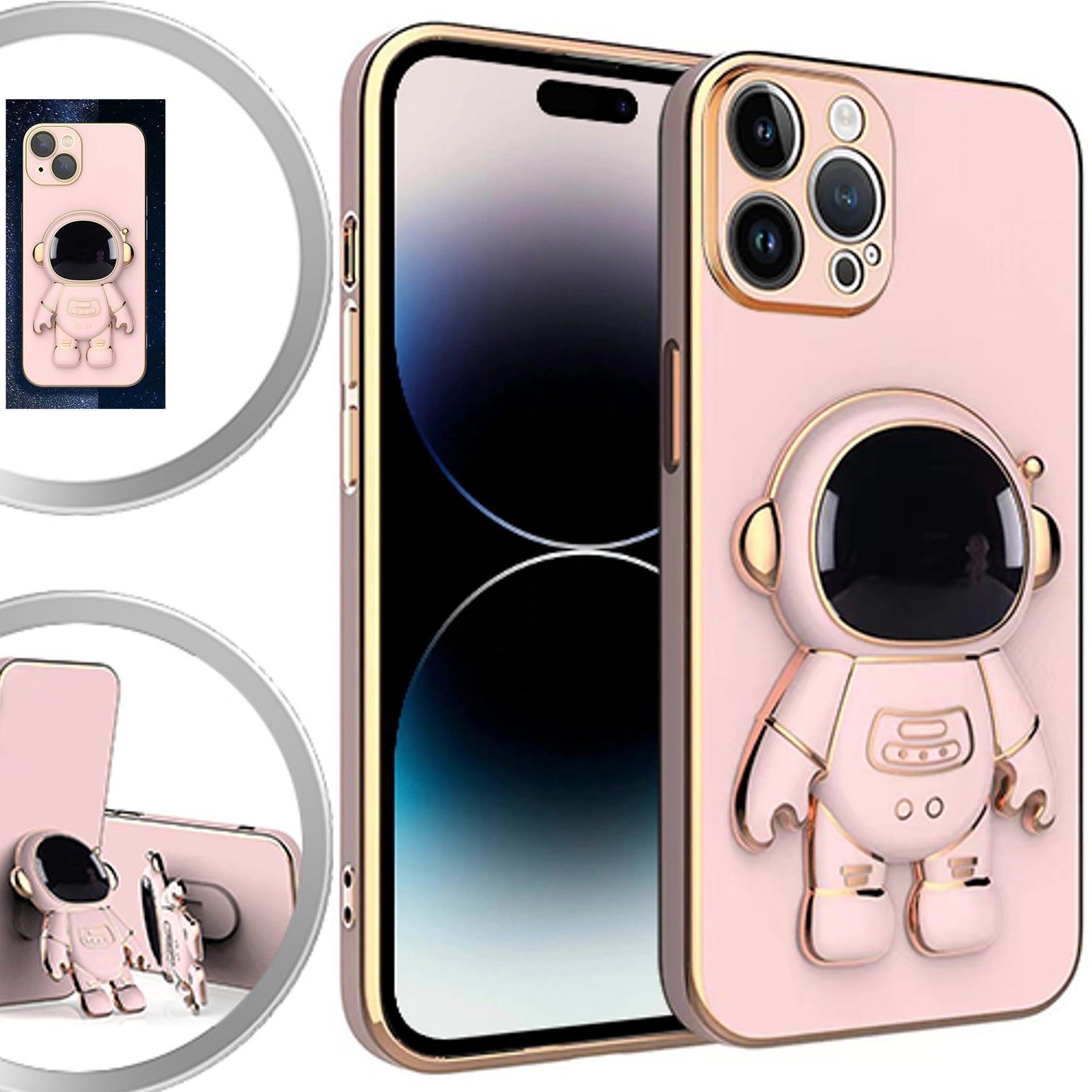 For Apple iPhone 14 /Plus Pro Max Astronaut Hidden Stand Holder Plating Hybrid Electroplated Bumper Shockproof Armor Cute  Phone Case Cover