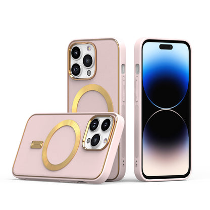 For Apple iPhone 14 Pro Max (6.7") Ultimate PU Leather Hybrid with MagSafe Compatible Bumper Gold Frame Protection  Phone Case Cover