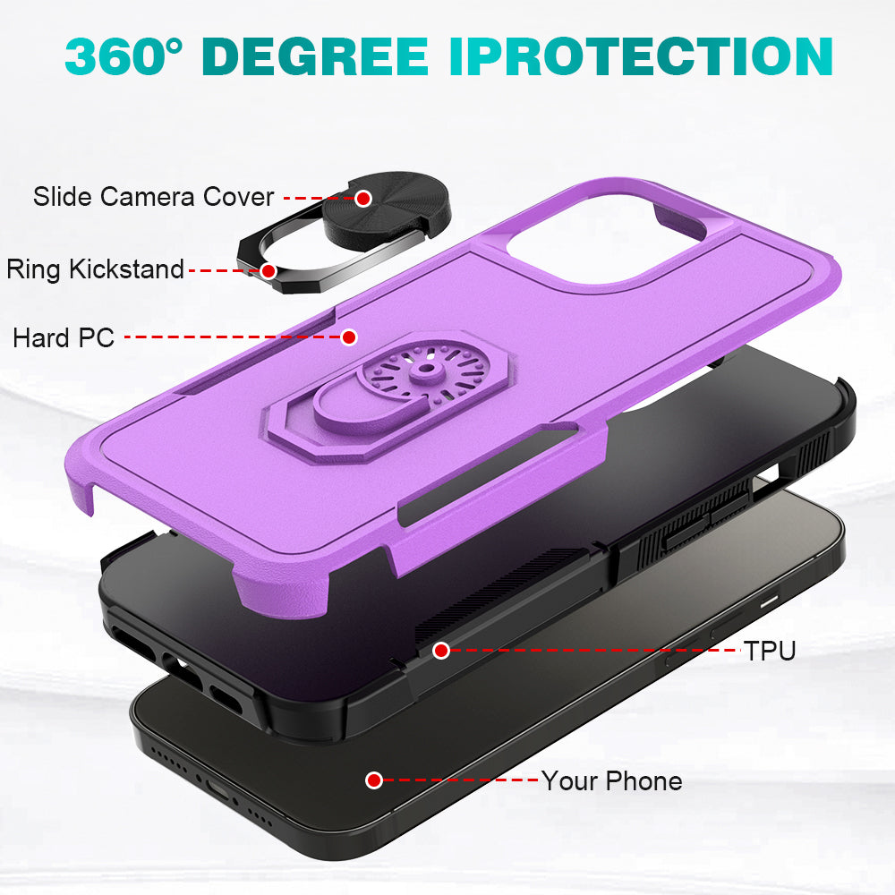 For Apple iPhone 14 Pro (6.1") Hybrid Rugged Hard Drop-Proof 3 Layer Protection Military Grade Armor Metal Ring Stand Purple Phone Case Cover