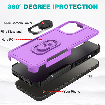For Apple iPhone 14 Pro (6.1") Hybrid Rugged Hard Drop-Proof 3 Layer Protection Military Grade Armor Metal Ring Stand Purple Phone Case Cover
