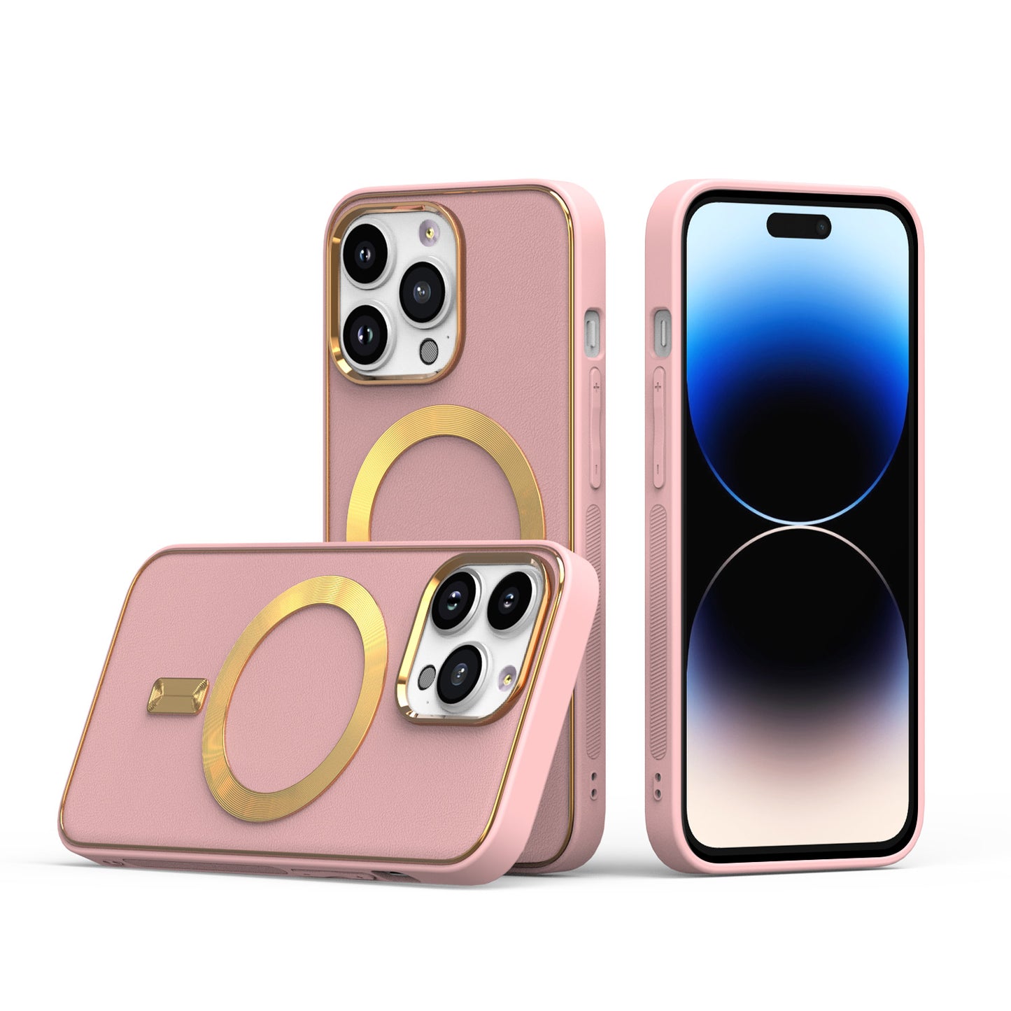 For Apple iPhone 14 Pro Max (6.7") Ultimate PU Leather Hybrid with MagSafe Compatible Bumper Gold Frame Protection  Phone Case Cover