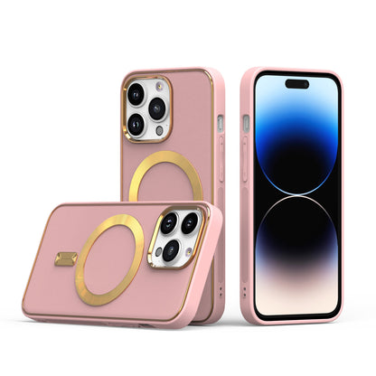 For Apple iPhone 14 Pro Max (6.7") Ultimate PU Leather Hybrid with MagSafe Compatible Bumper Gold Frame Protection  Phone Case Cover