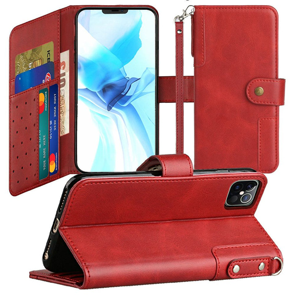 For Apple iPhone 8 Plus/7 Plus/6 6S Plus Wallet Case with Credit Card Holder, PU Leather Flip Pouch Kickstand & Strap Red Phone Case Cover