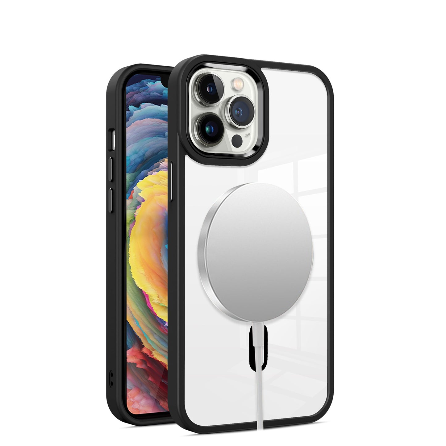 For Apple iPhone 14 /Plus Pro Max Transparent Greatest Clear Acrylic with Color Frame Thick Metal Button Hybrid  Phone Case Cover