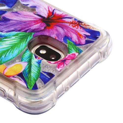 For Samsung Galaxy J7 2018/J7 Star/J7 V 2nd Gen/ J7 Refine Flower Quicksand Liquid Glitter Bling Hybrid Image Flowing Sparkle Watercolor Hibiscus Phone Case Cover