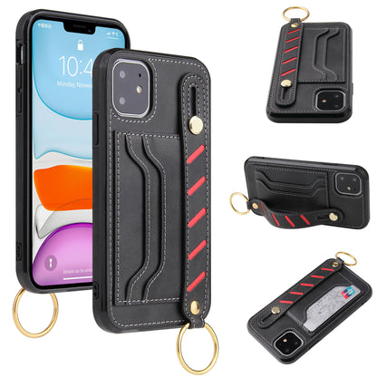 For Apple iPhone 14 /Plus Pro Max Vegan Leather Multi-Functional Credit Cards Slot with Wrist Strap Stand Pocket  Phone Case Cover