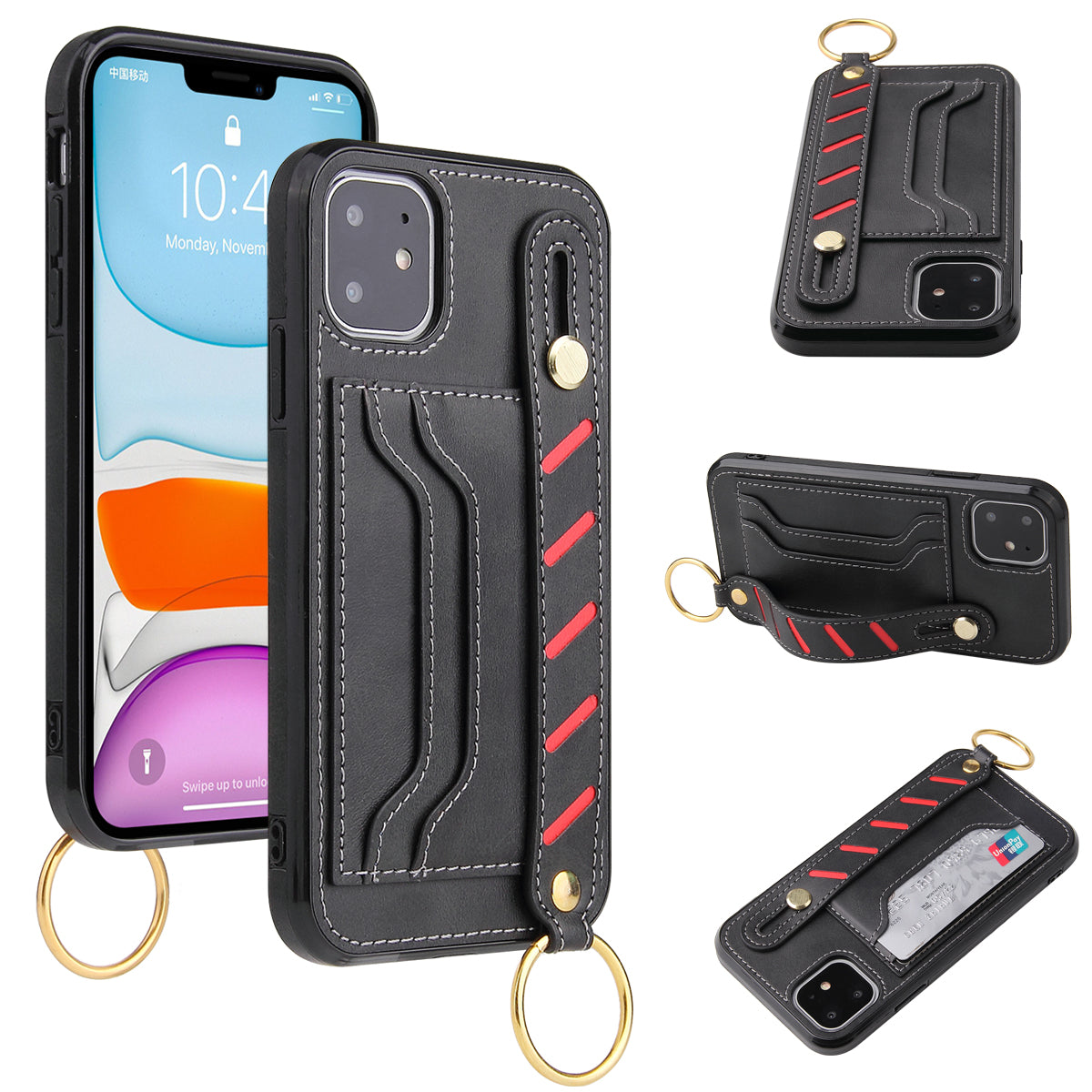 For Apple iPhone 14 /Plus Pro Max Vegan Leather Multi-Functional Credit Cards Slot with Wrist Strap Stand Pocket  Phone Case Cover