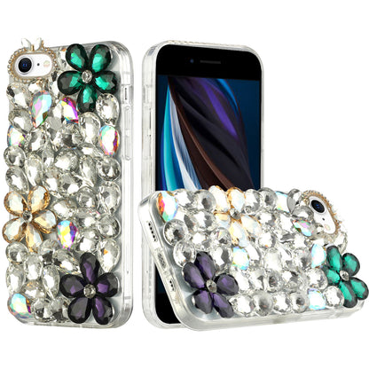 For Apple iPhone SE 3 (2022) SE/8/7 Bling Clear Crystal 3D Full Diamonds Luxury Sparkle Rhinestone Hybrid Green/ Gold/ Purple Phone Case Cover
