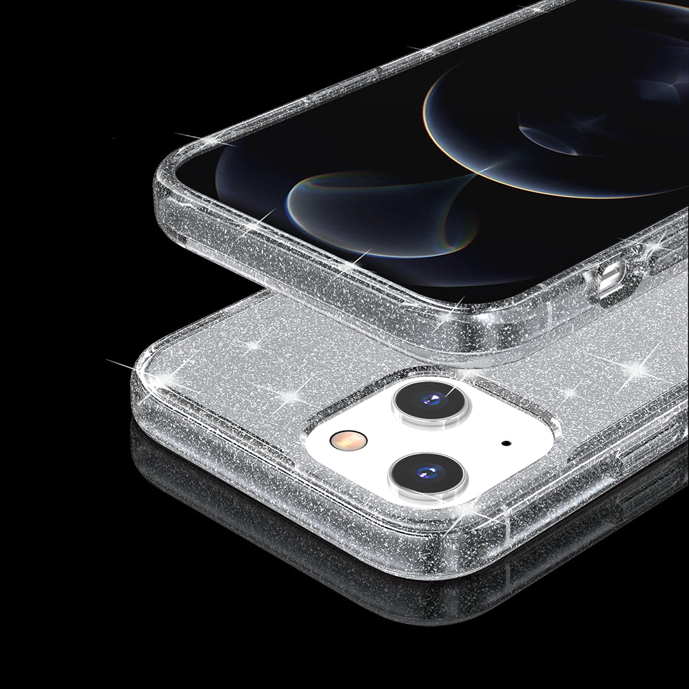 For Apple iPhone 14 Pro (6.1") Transparent Glitter Shiny Sparkle Bling TPU Rubber Hard Back Hybrid Frame Shockproof Gray Smoke Phone Case Cover