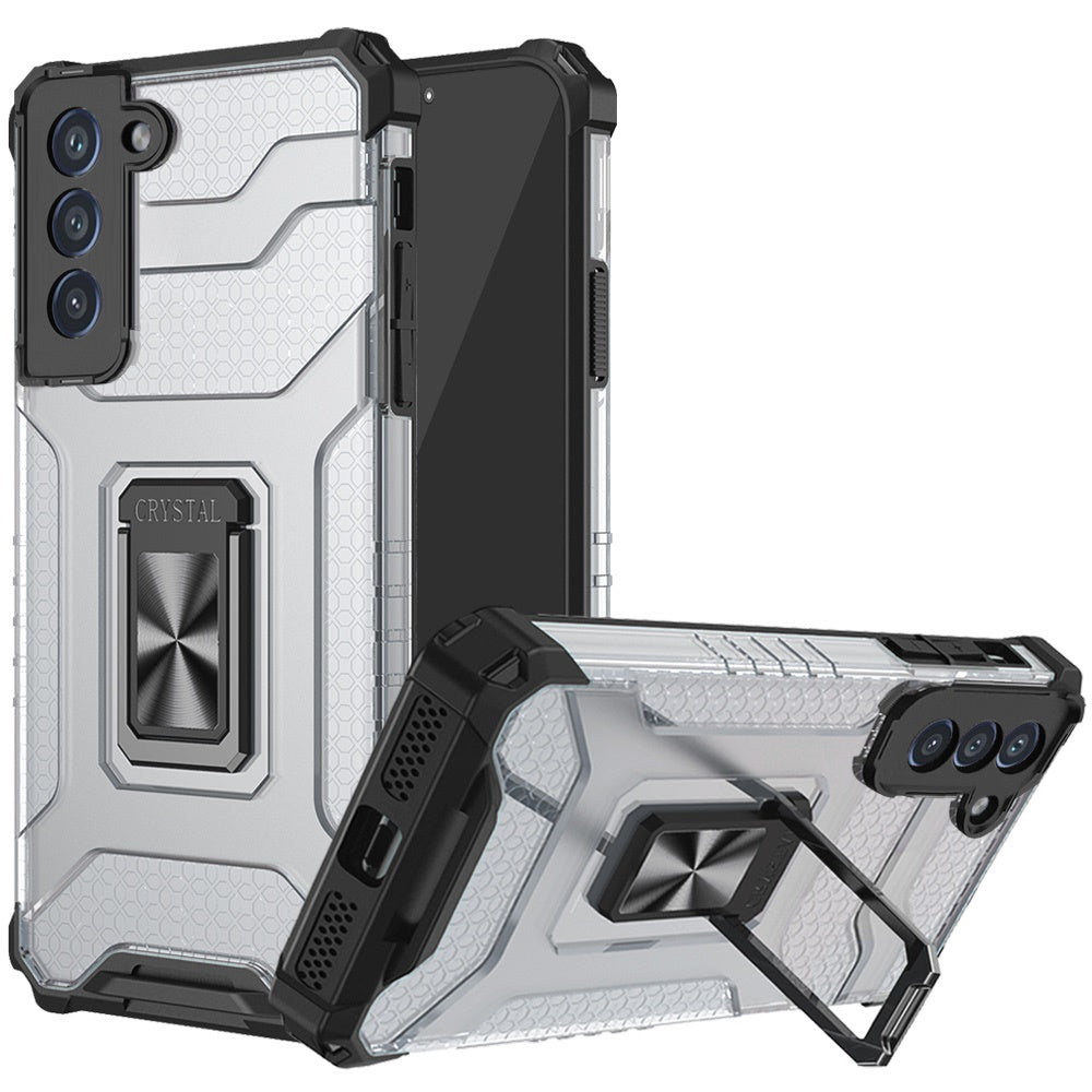 For Samsung Galaxy S21 FE /Fan Edition Transparent 360 Rotation Built-in Magnetic Ring Kickstand Holder Hybrid Rugged Armor Bumper  Phone Case Cover