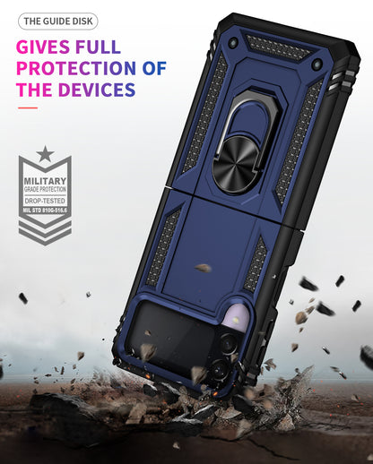 For Samsung Galaxy Z Flip 3 5G Hybrid Durable Dual Layer 360 Degree Rotatable Ring Stand Holder Kickstand Fit Magnetic Car Mount Blue Phone Case Cover