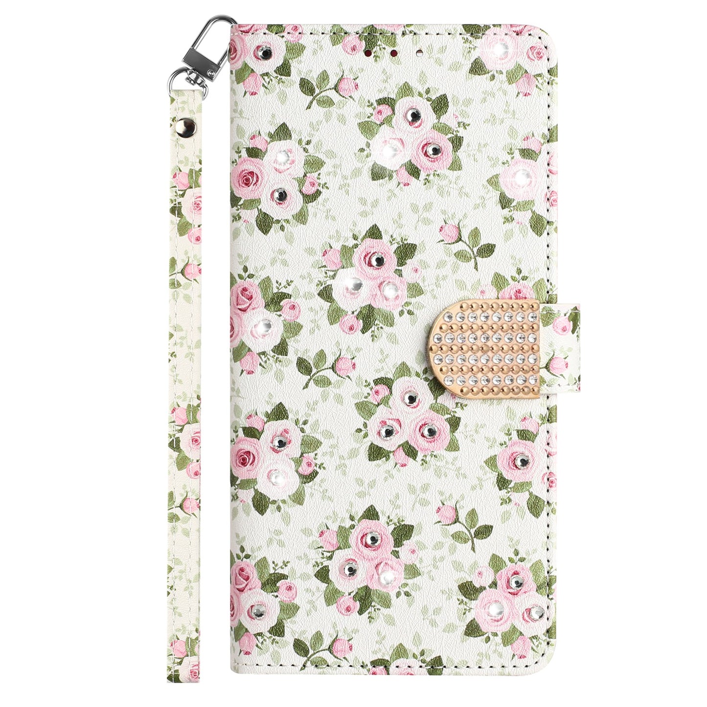 For Apple iPhone 14 Pro (6.1") Fashion Diamond Bling Design Wallet Pouch Card Slots Leather With Lanyard  Phone Case Cover