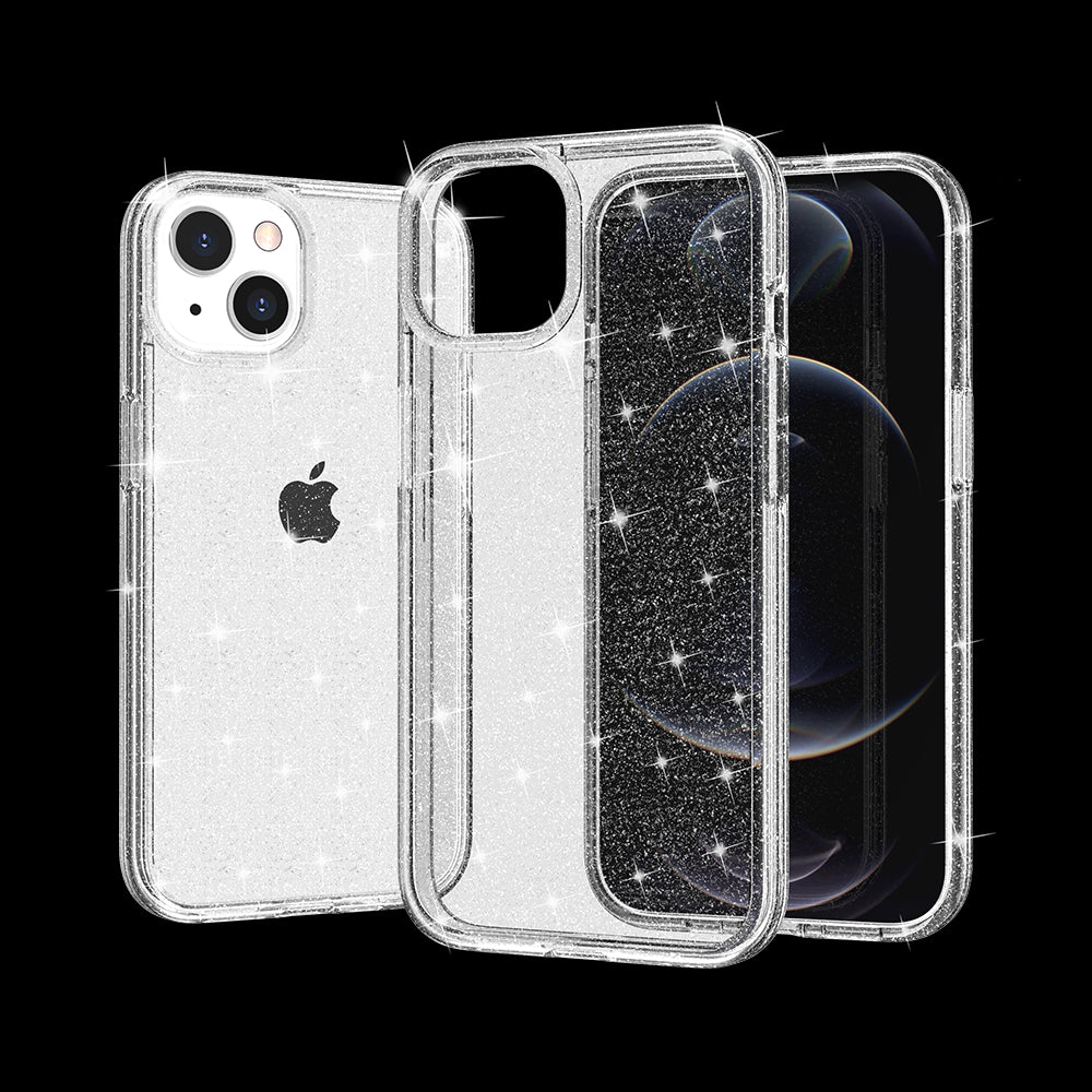 For Apple iPhone 14 Plus (6.7") Transparent Glitter Shiny Sparkle Bling TPU Rubber Hard Back Hybrid Frame Shockproof Clear Phone Case Cover