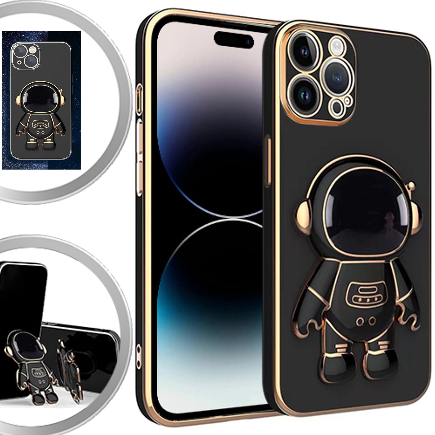 For Apple iPhone 14 /Plus Pro Max Astronaut Hidden Stand Holder Plating Hybrid Electroplated Bumper Shockproof Armor Cute  Phone Case Cover