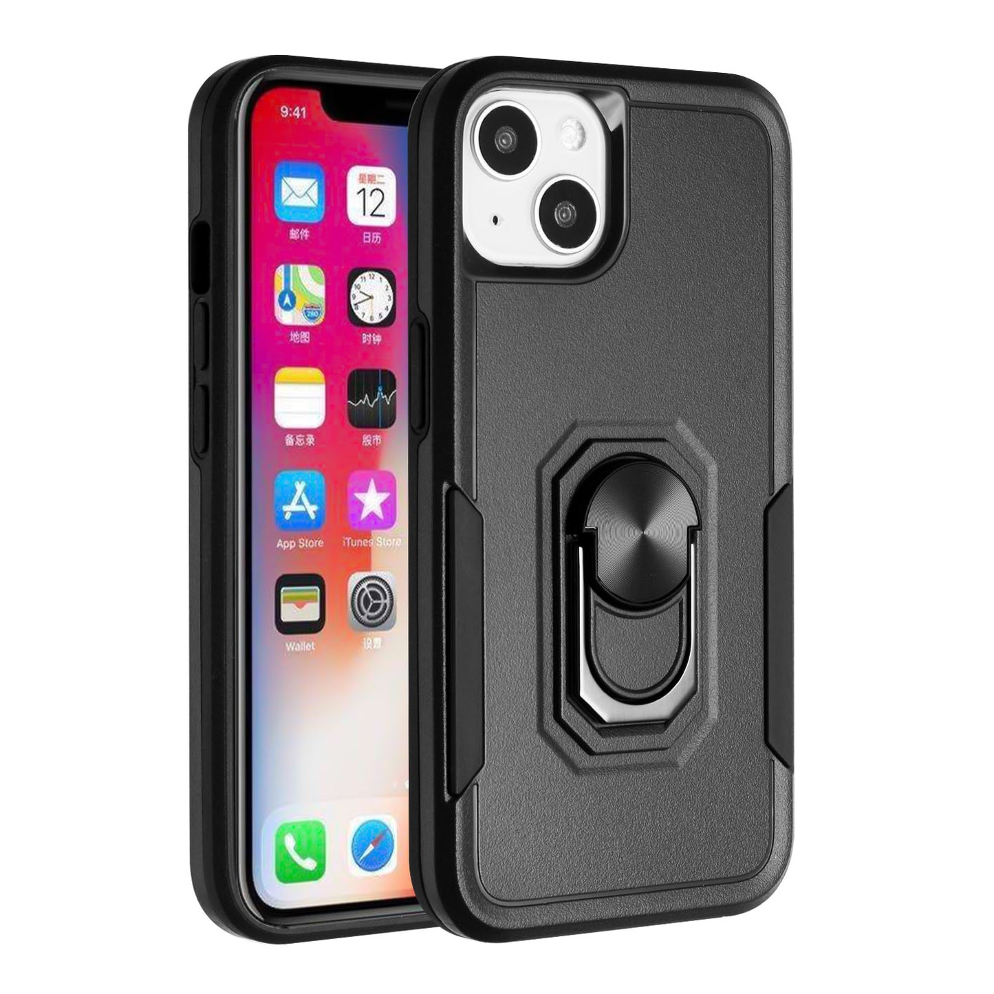 For Apple iPhone 14 Pro Max (6.7") Hybrid Rugged Hard Drop-Proof 3 Layer Protection Military Grade with Metal Ring Stand  Phone Case Cover
