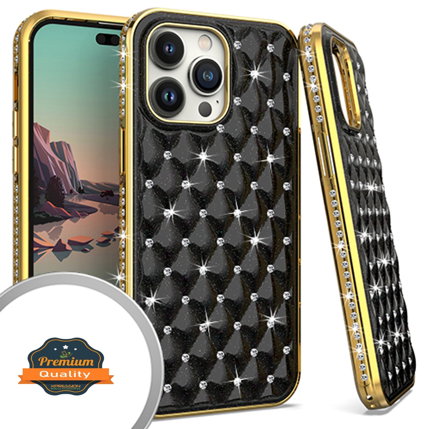 For Apple iPhone 14 Plus /Pro Max Diamonds Fashion Bling Rhinestone Glitter Luxury Plating Hybrid TPU Sturdy Hard PC TPU Back  Phone Case Cover