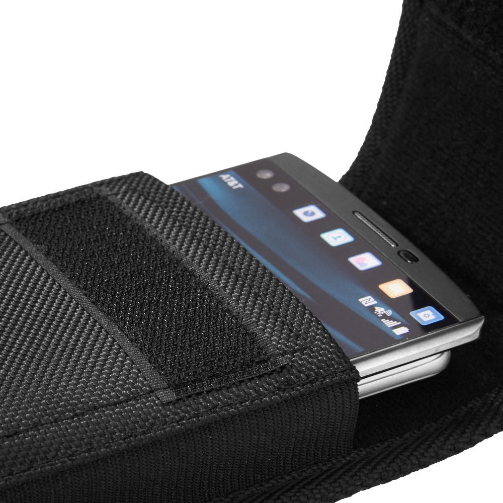 For Samsung Galaxy A23 5G Universal Pouch Case Vertical Phone Holster Durable Nylon Cover with Belt Clip Loop, Velcro & Hook Carabiner [Black]