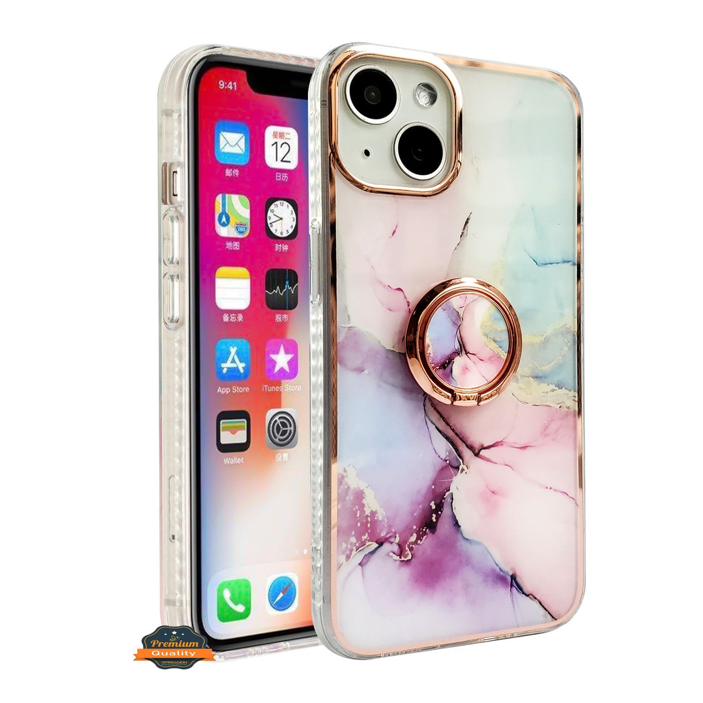 For Apple iPhone 14 /Plus Pro Max Fashion Design Pattern Hybrid Ring Kickstand Bling Diamond Hard PC TPU Protective  Phone Case Cover