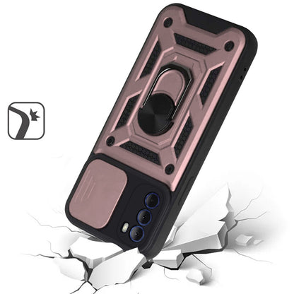 For Motorola Moto G 5G 2022 Hybrid Ring Holder Kickstand with Slide Camera Lens Cover, Rugged Dual Layer Heavy Duty Rose Gold Phone Case Cover