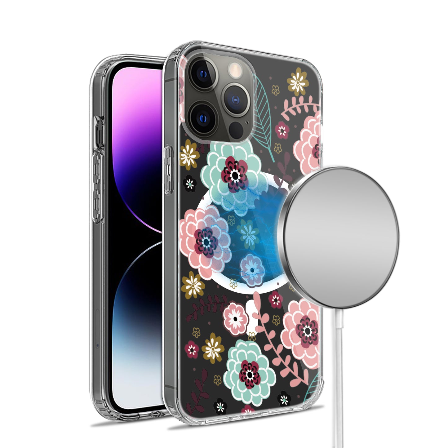 For Apple iPhone 14 Pro Max (6.7") Hybrid Flower Design Stylish Fashion Thick Hard MagSafe Compatible  Phone Case Cover