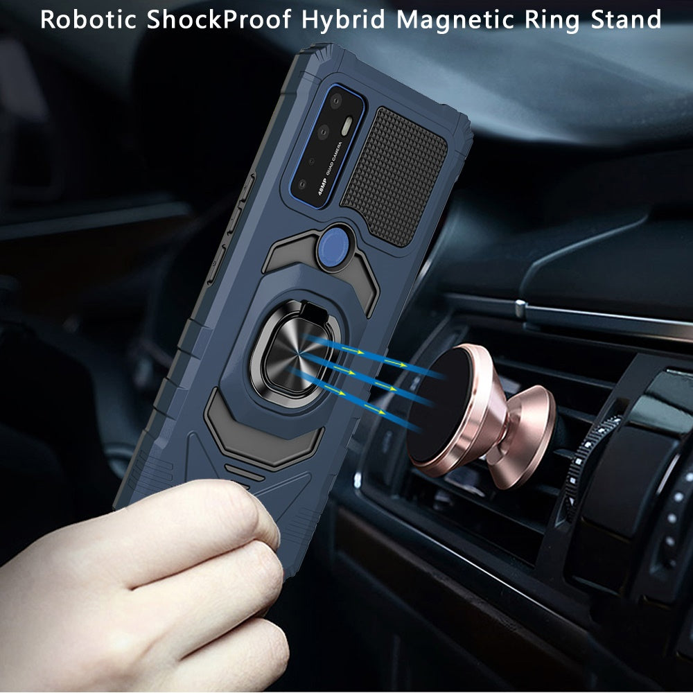 For Cricket Dream 5G Hybrid Dual Layer with Rotate Magnetic Ring Stand Holder Kickstand, Rugged Shockproof Anti-Scratch Blue Phone Case Cover