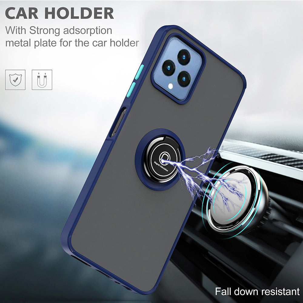 For T-Mobile Revvl 6 5G Hybrid Frosted Matte Hard Back PC + TPU Frame with Magnetic Ring Holder Stand Kickstand Black Phone Case Cover