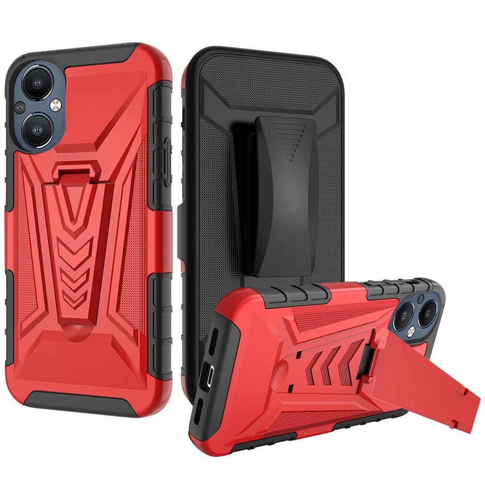 For OnePlus Nord N20 5G 3 in 1 Rugged Swivel Belt Clip Holster Heavy Duty Hybrid Armor Rubber TPU with Kickstand Stand Red Phone Case Cover
