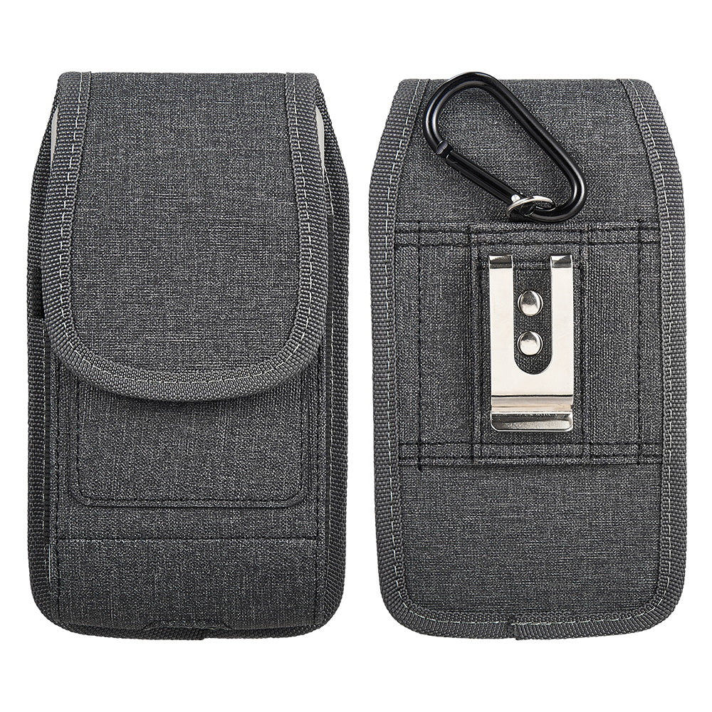 For Samsung Galaxy A23 5G Universal Vertical Fabric Case Holster with Dual Credit Card Slots, Belt Loop & Carabiner Carrying Phone Pouch [Black]
