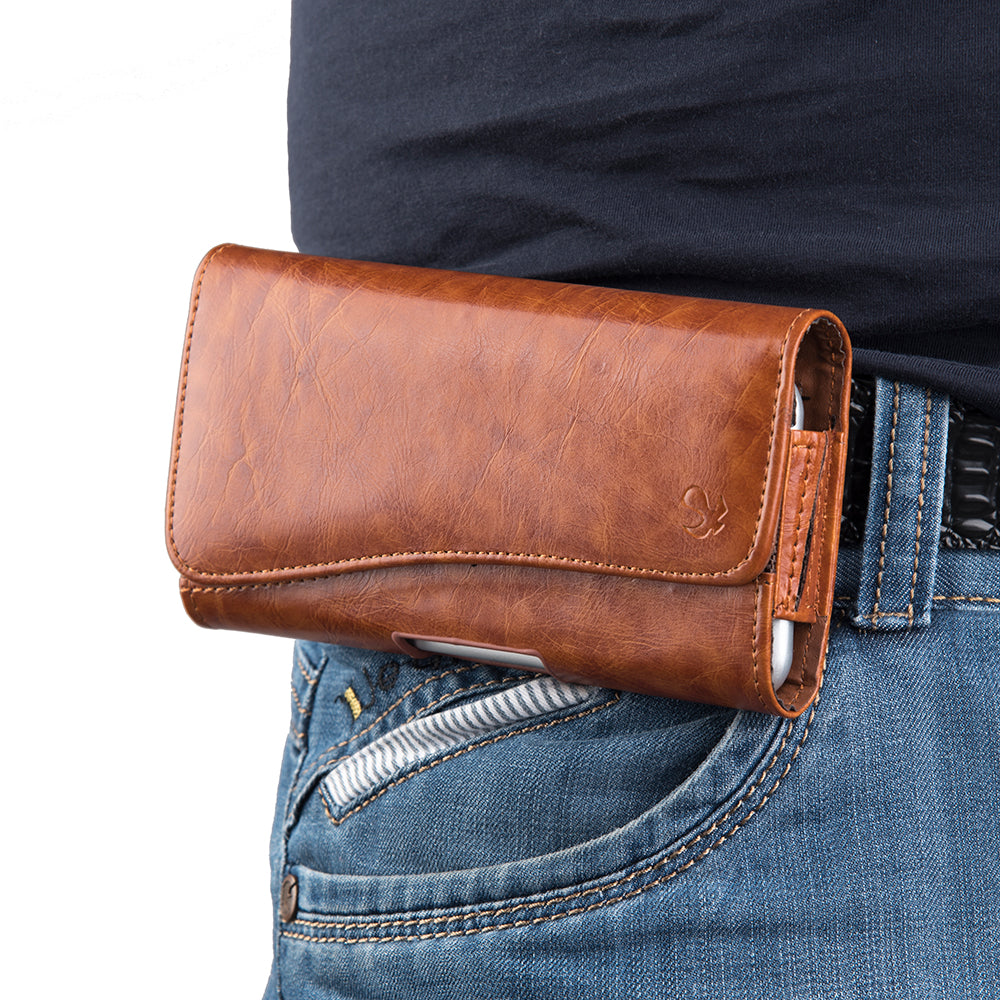 For Samsung Galaxy A23 5G Universal Horizontal Leather Case Belt Clip Holster with Clip Loops Cell Phone Carrying Pouch [Magnetic Closure] [Brown]