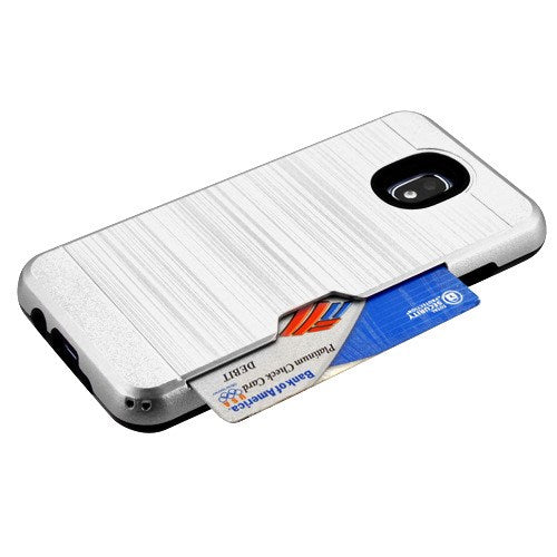 For Samsung Galaxy J3 V /J3 3rd Gen /Galaxy Express Prime 3 Card Wallet Dual Layer Brushed Hybrid Protector TPU Credit Card Slot Silver Phone Case Cover