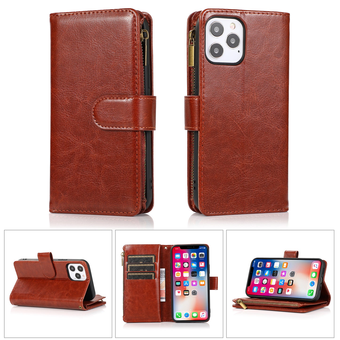 For Apple iPhone 8 Plus/7 Plus/6 6S Plus Leather Zipper Wallet Case 9 Card Slots Cash Pocket Clutch Pouch with Stand & Strap  Phone Case Cover