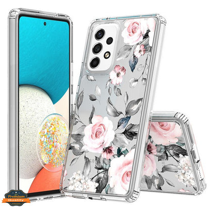 For Samsung Galaxy A23 5G Floral Patterns Design Transparent TPU Silicone Shock Absorption Bumper Hard PC Back  Phone Case Cover