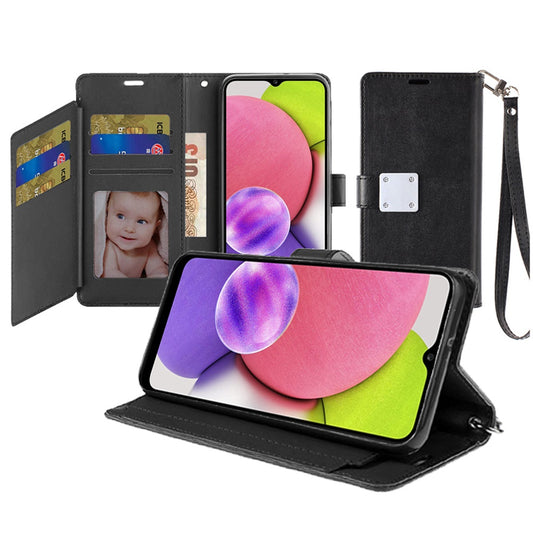 For Samsung Galaxy A03S Wallet Case PU Leather Credit Card ID Pocket Cash Holder Slot Dual Flip Pouch Folio Stand, Strap Black Phone Case Cover
