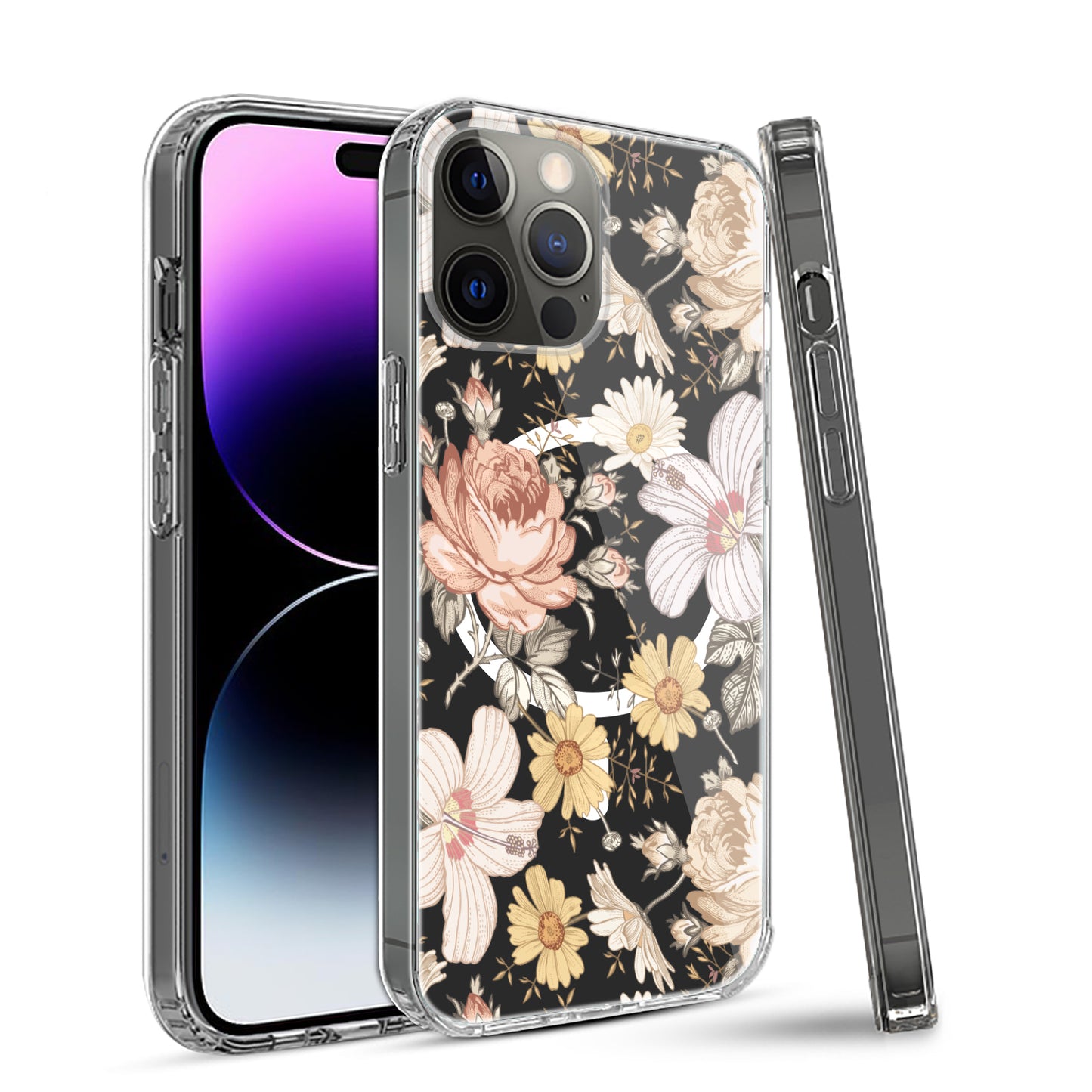 For Apple iPhone 14 /Plus Pro Max Clear Flower Pattern Design Compatible with MagSafe & Wireless Charging  Phone Case Cover
