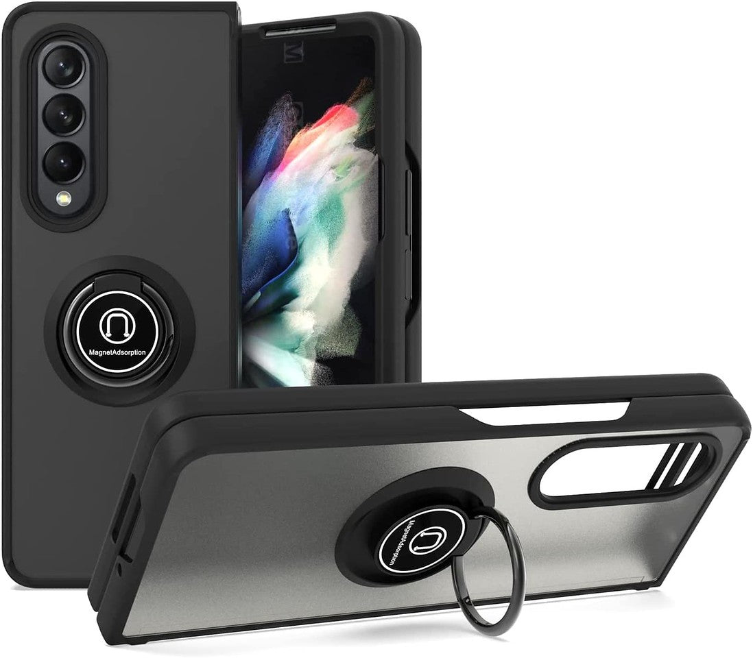 For Samsung Galaxy Z Fold 3 5G Finger Ring Stand Holder Kickstand Hybrid Frosted Matte Silicone TPU Hard PC Frame Shock-Absorption  Phone Case Cover
