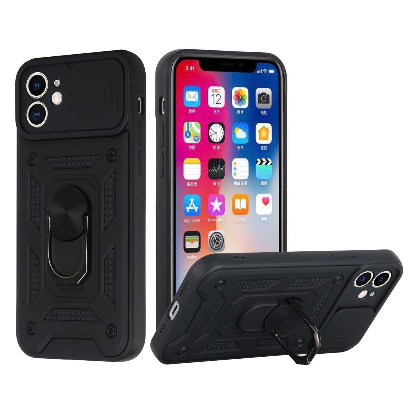 For Apple iPhone 8 Plus/7 Plus/6 6S Plus Hybrid 2in1 Cases with Slide Camera Lens Cover and Ring Holder Kickstand Rugged  Phone Case Cover