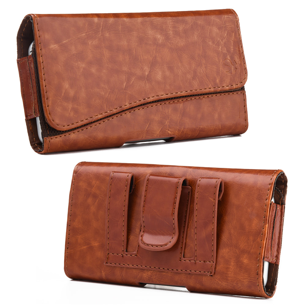 For Samsung Galaxy A23 5G Universal Horizontal Leather Case Belt Clip Holster with Clip Loops Cell Phone Carrying Pouch [Magnetic Closure] [Brown]