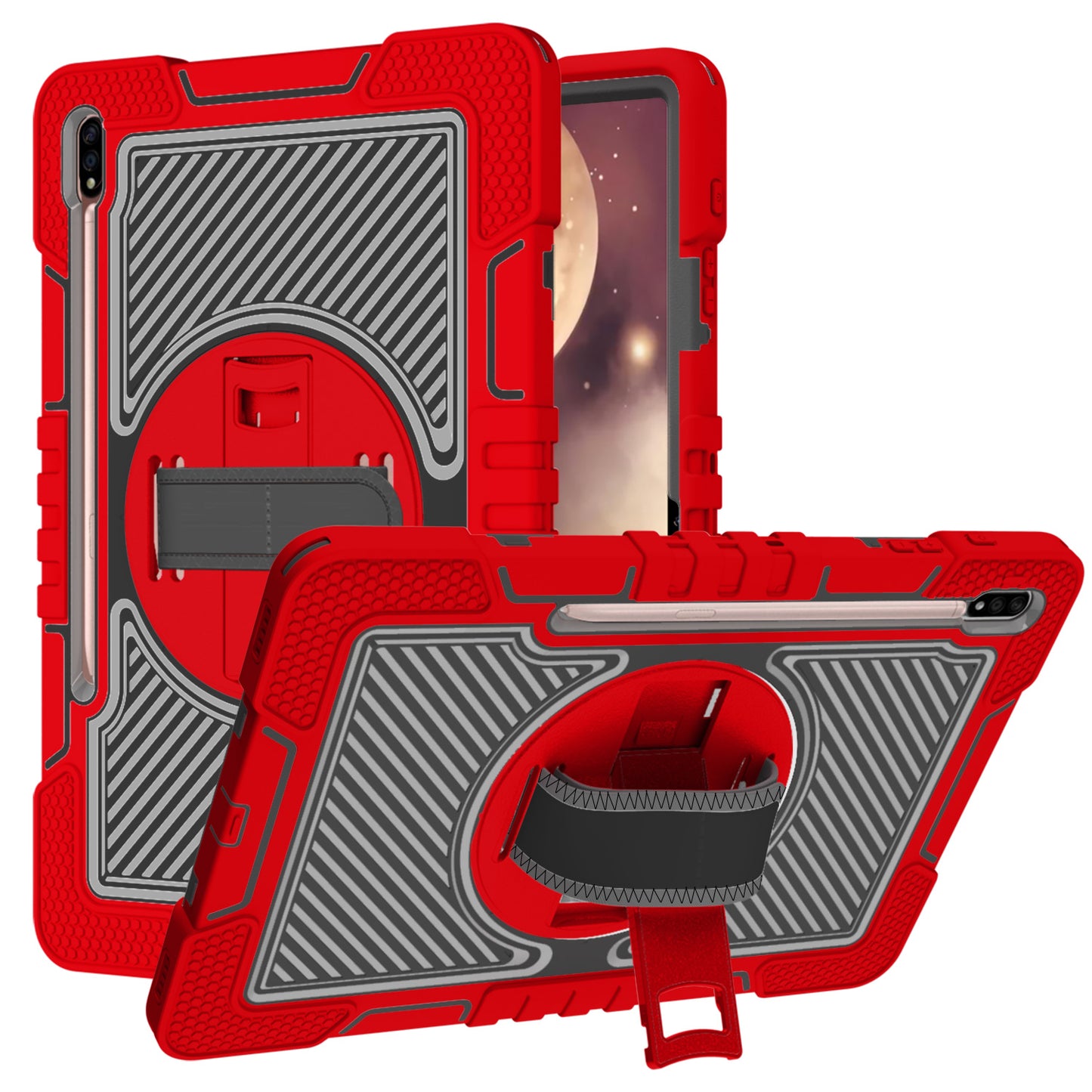 For Apple iPad 10th Gen 2022 Hybrid 3in1 Multi-Functional Tablet Case with Hand, Shoulder Strap, Pencil & Stand Holder Red Black Phone Case Cover