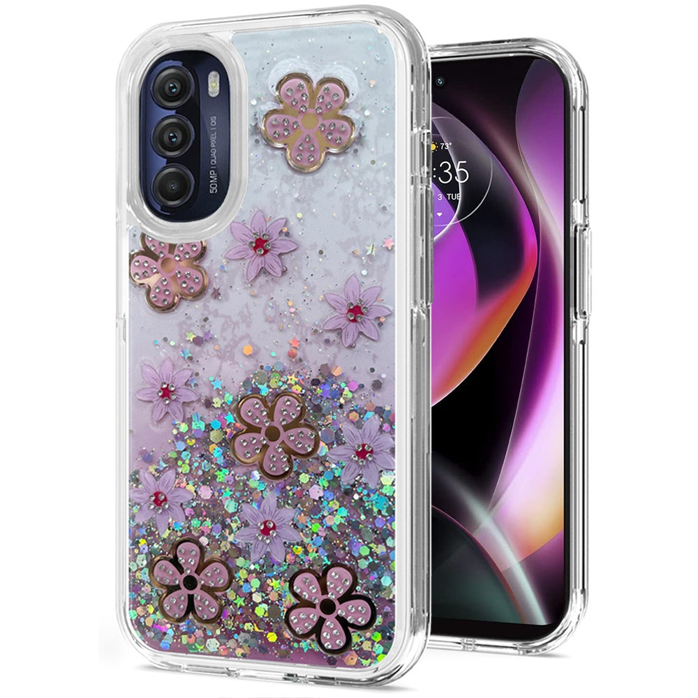 For Motorola Moto G 5G 2022 Floral Stylish Design Glitter Shiny Hybrid Rubber TPU Hard PC Shockproof Armor Slim Fit  Phone Case Cover