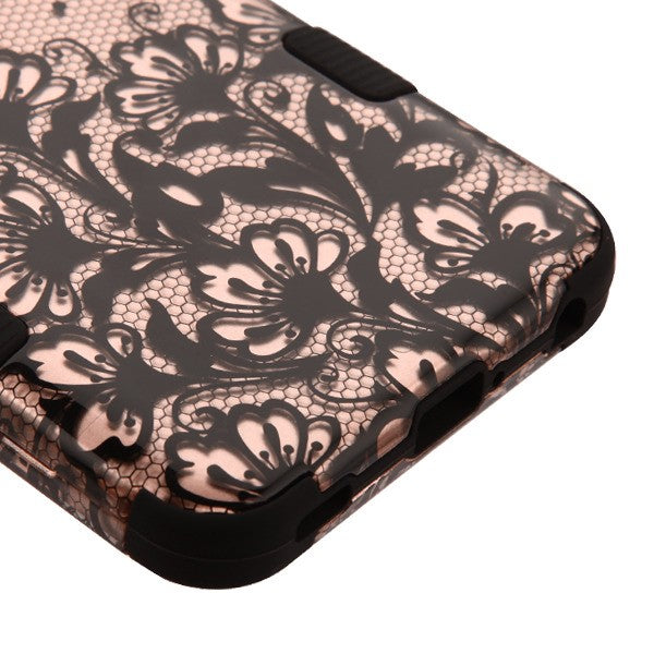 For LG V40 ThinQ Hybrid Three Layer Hard PC Shockproof Heavy Duty TPU Rubber Anti-Drop Rose Gold Lace Flowers Phone Case Cover